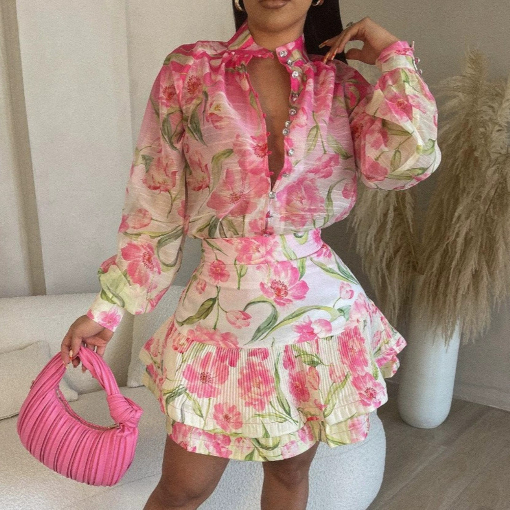 Zara Independent Windblown Floral Print Long Sleeve Shirt Short Skirt Set